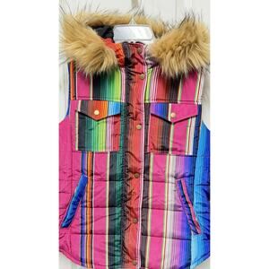 Judith March Puffer Vest Serape Stripe Faux Fur Hood Western Colorful S